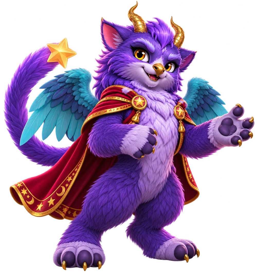 Nimbus, a purple moon griffin with turquoise wings, golden horns and a playful grin